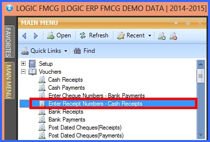 fmcg enter receipt numbers-cash receipts menu